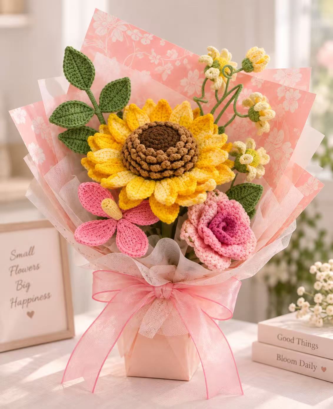 Handmade sunflower and pink rose crochet bouquet in pink wrapping