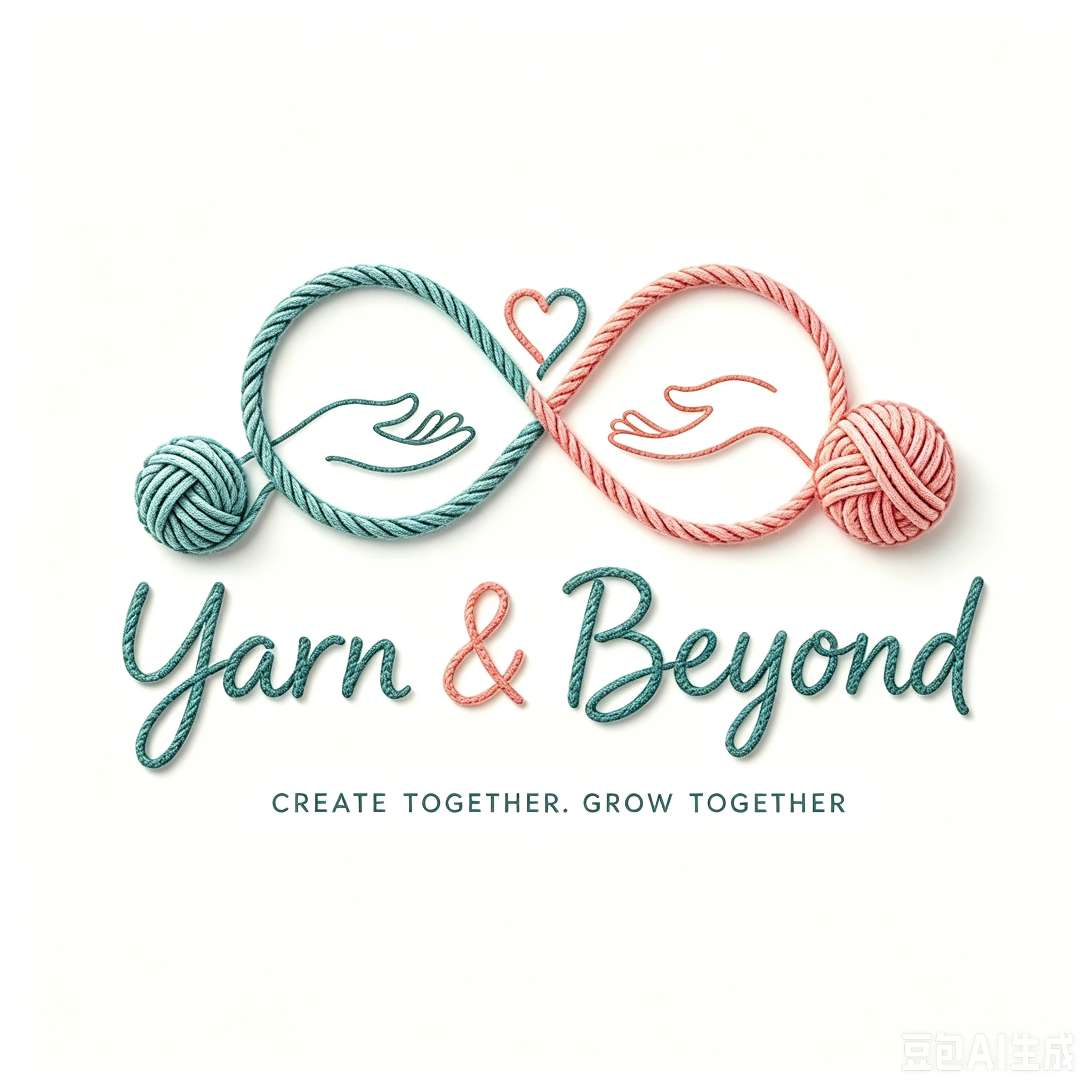 Yarn and Beyond logo, teal and coral yarn forming an infinity symbol and two hands