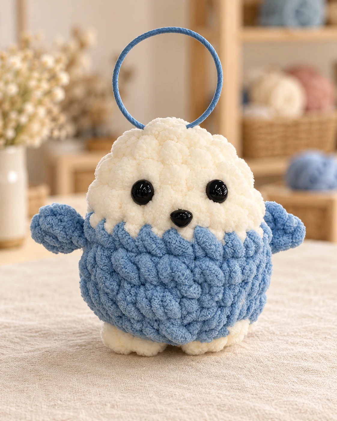 Blue & cream crochet companion — edited student work photograph